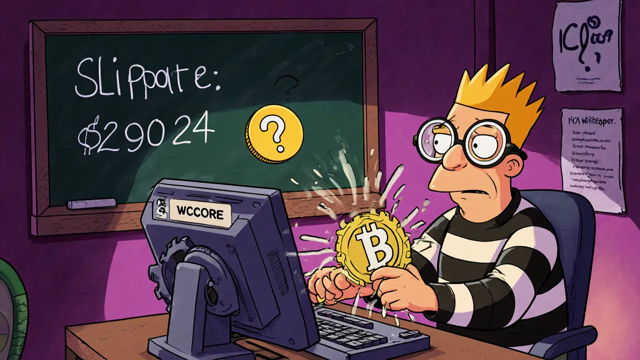 A nervous trader using a clunky computer with high slippage and a floating ICE token.