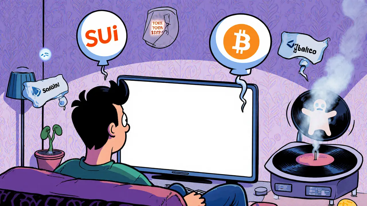 A person watches a blank TV with conflicting blockchain logos floating above in a 1970s-style living room.
