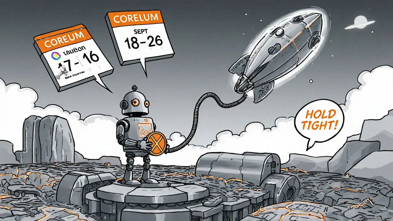 A robot stands on a blockchain holding a SOLO token, with a trustline cable reaching toward a CORE token spaceship during September 2025 snapshots.