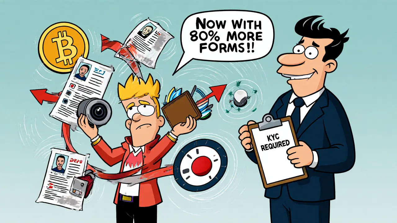 A user struggles with KYC forms and cameras while trying to connect a wallet to a DeFi app.