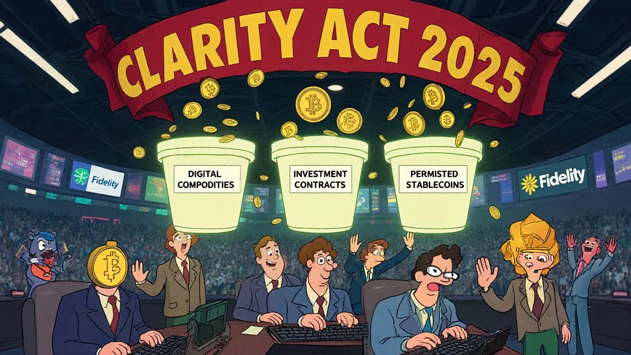 Cartoon traders sorting crypto tokens into three labeled bins on a bustling trading floor with friendly company mascots.