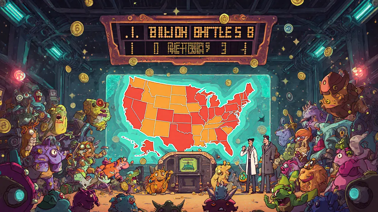 Chaotic Metamon battle arena with 1.2 billion battles displayed, scientists monitoring a holographic metaverse map in vibrant 80s cartoon style.