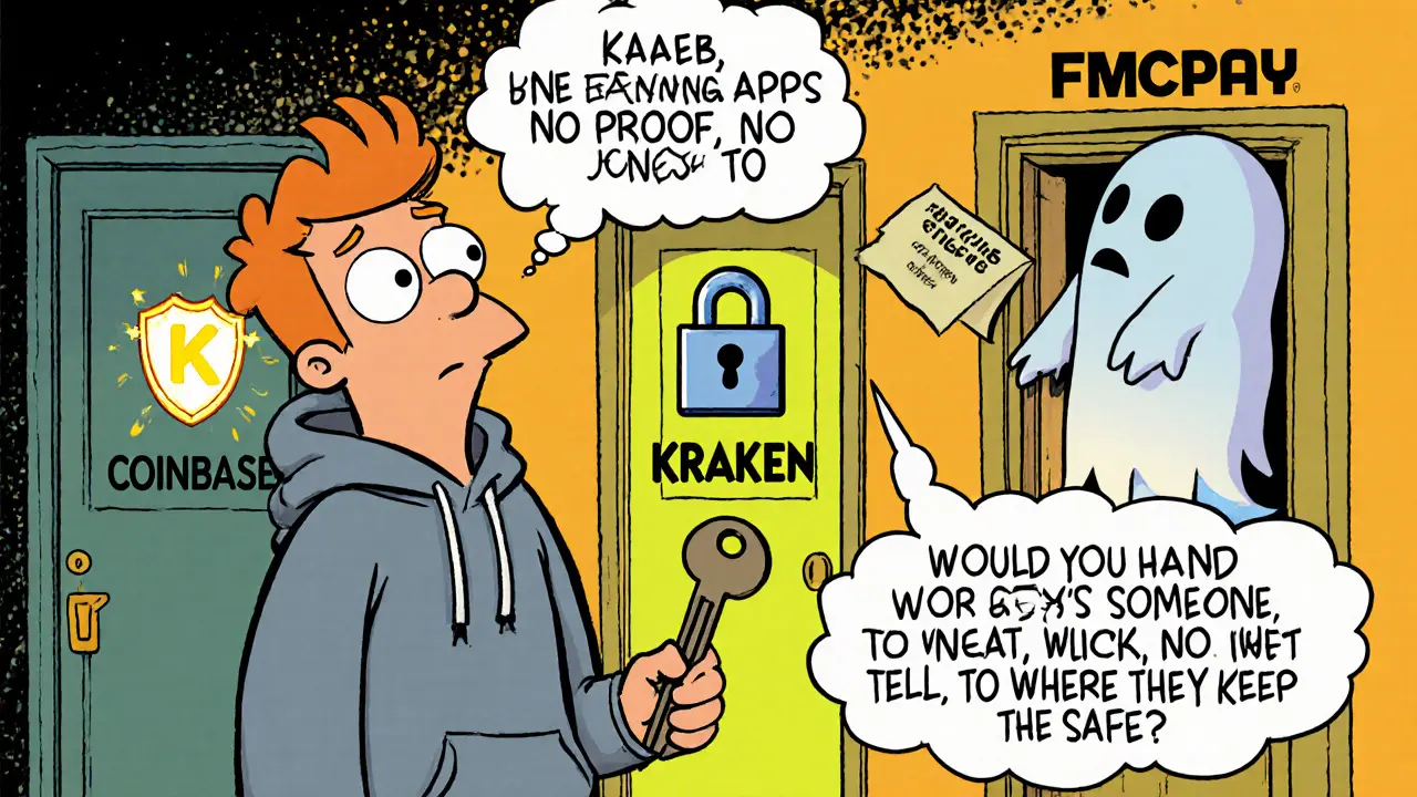 Hero choosing between safe exchanges and a locked FMCPAY door with no proof or app.