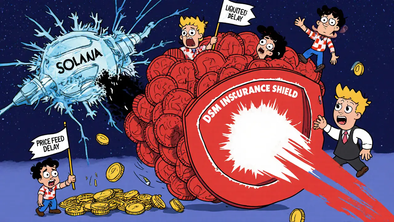 Insurance shield made of DRIFT tokens catching falling coins during a liquidation event.