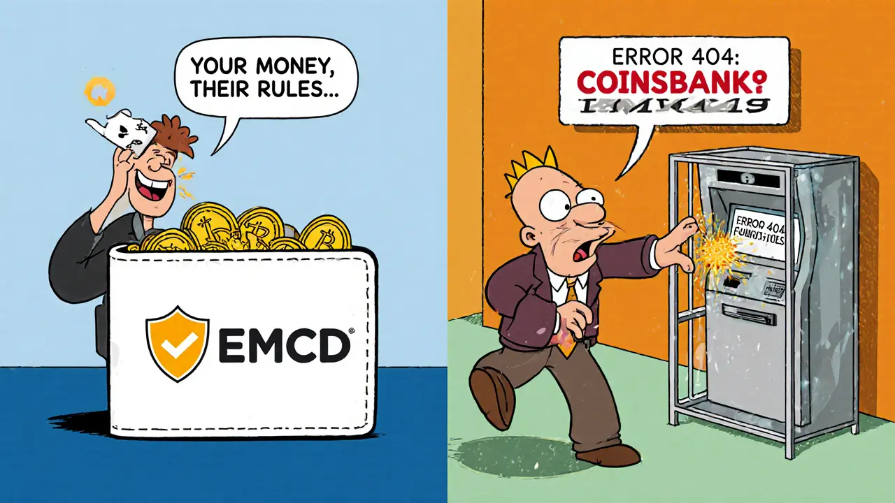 Left: user safely sends crypto to secure wallet. Right: user trapped in glass cage labeled &#039;CoinsBank&#039; with error message.