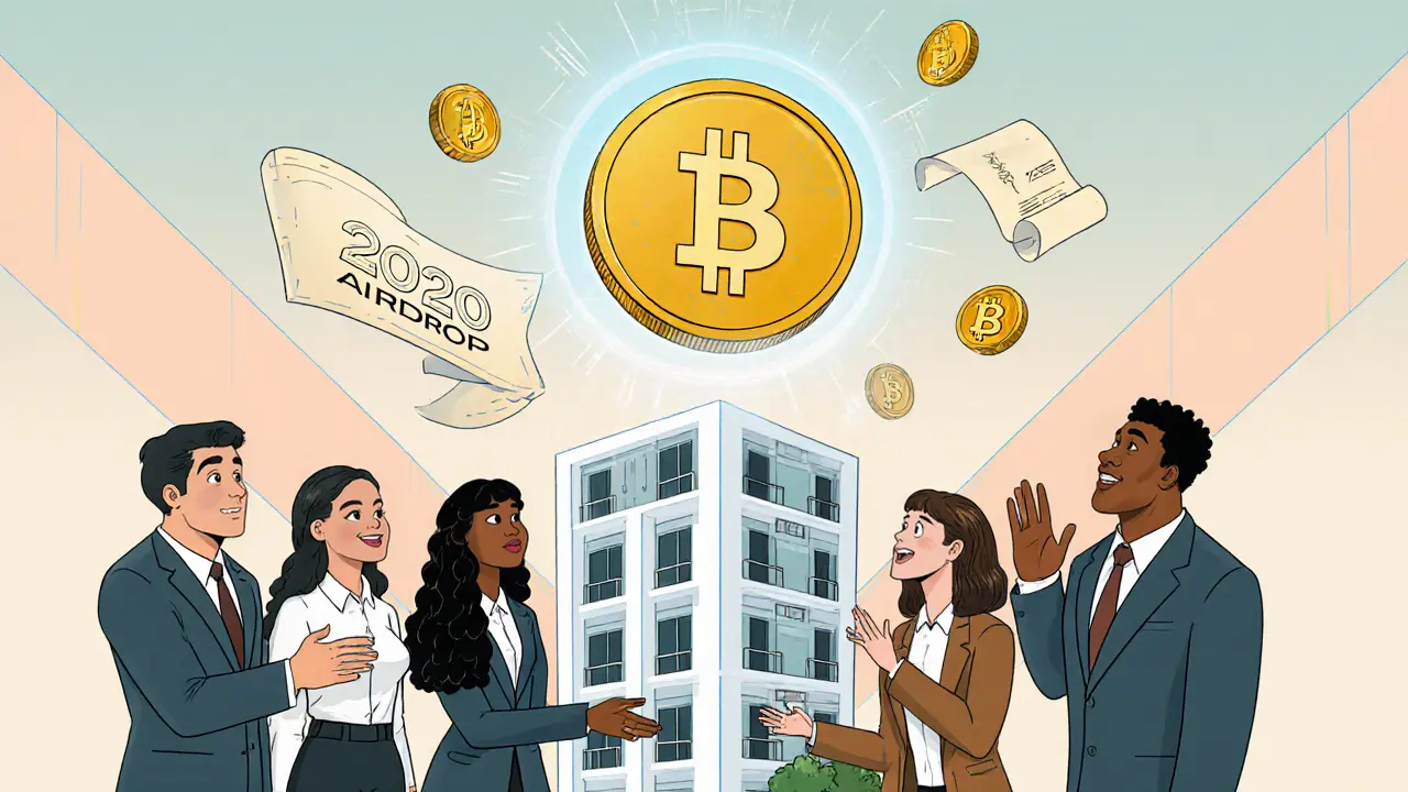 People in suits gaze at a floating real estate token with holographic 2026 airdrop signs above a miniature building on the XRP Ledger.