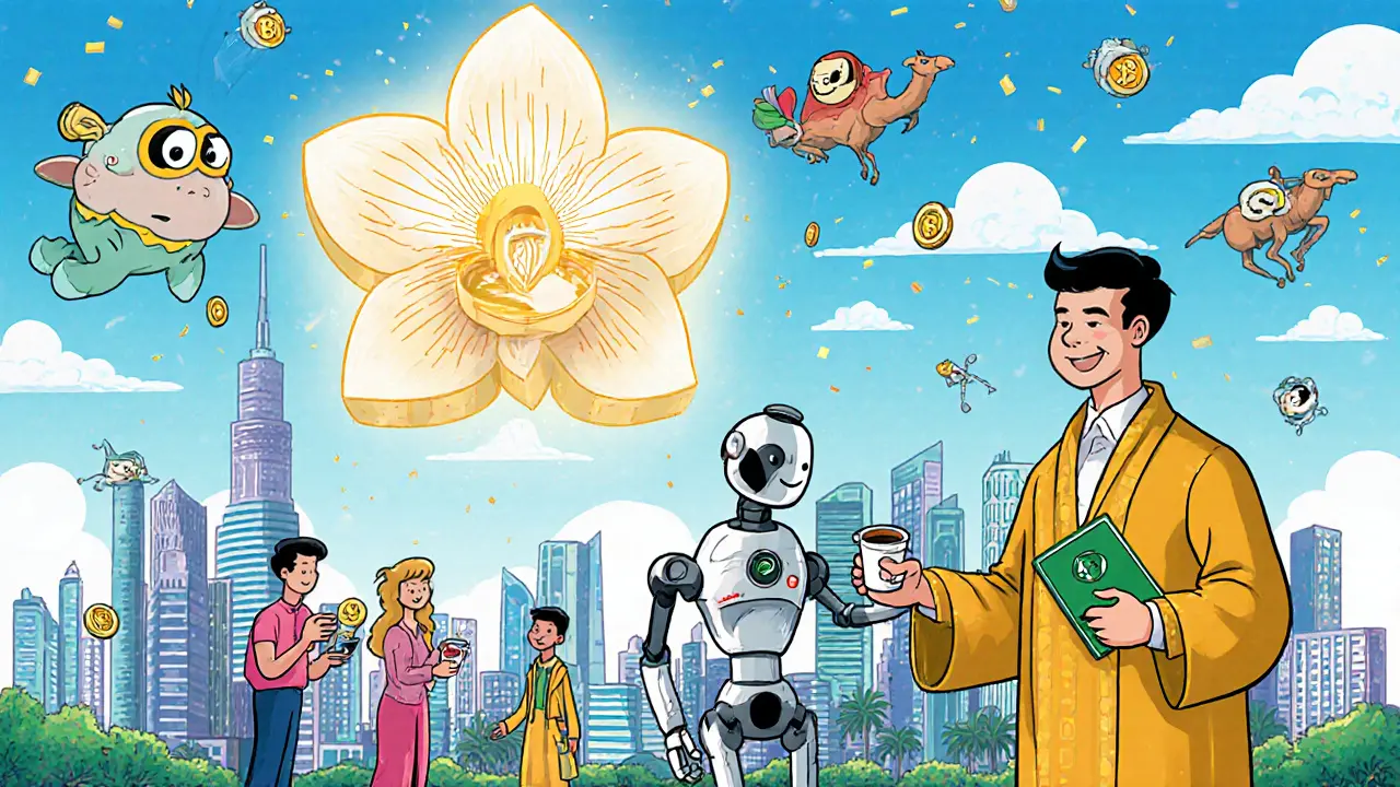 Singapore skyline with citizens paying for coffee in crypto, robots handing out visas, and a glowing digital token above the city.
