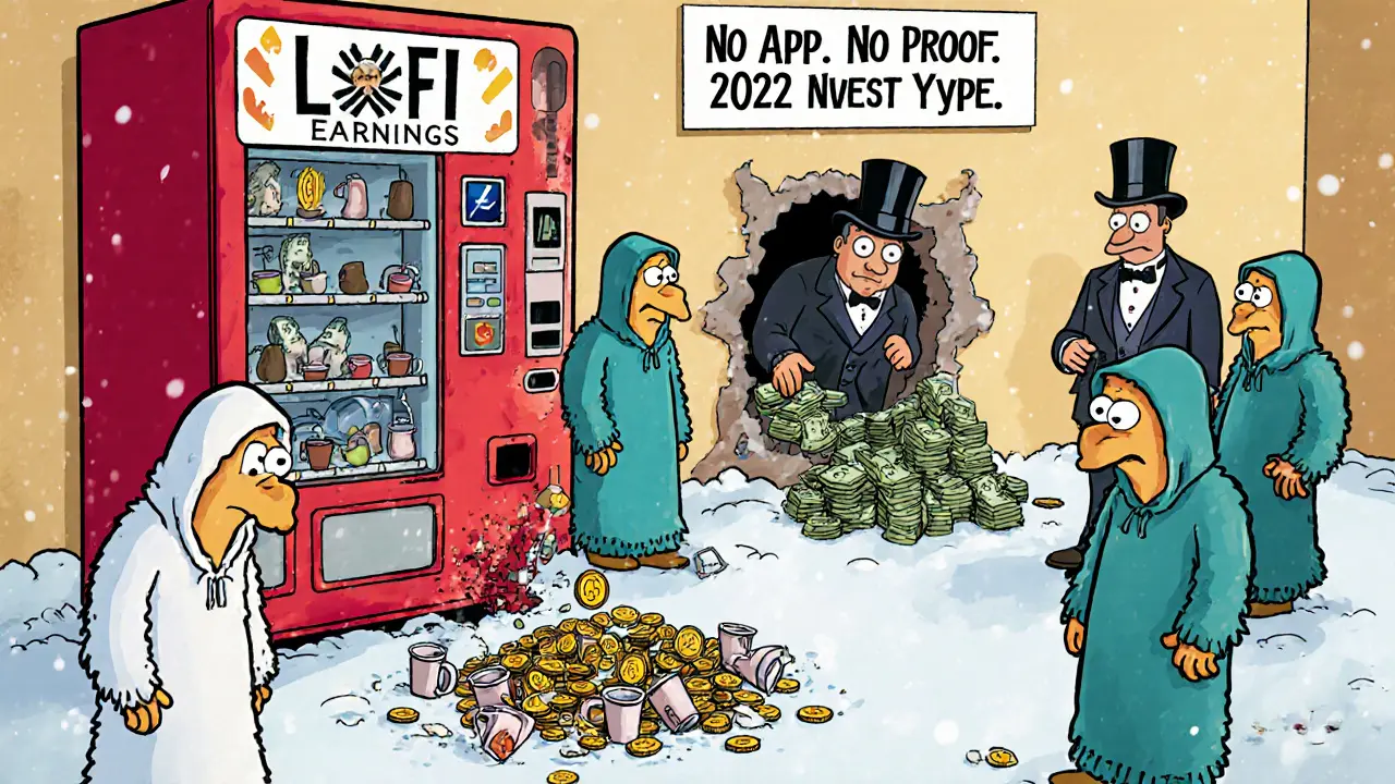 Skeptical snow monsters stand before a broken &#039;Watch-to-Earn&#039; machine while early investors cash out in the background.