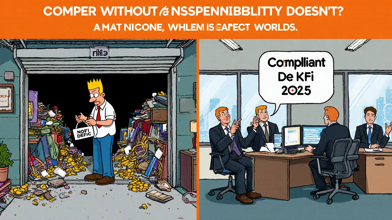 Split cartoon: a garage developer builds unregulated DeFi vs. an office team building compliant DeFi.