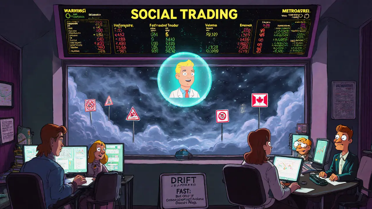 Traders copying signals on holograms, with regulatory warning signs in the background.