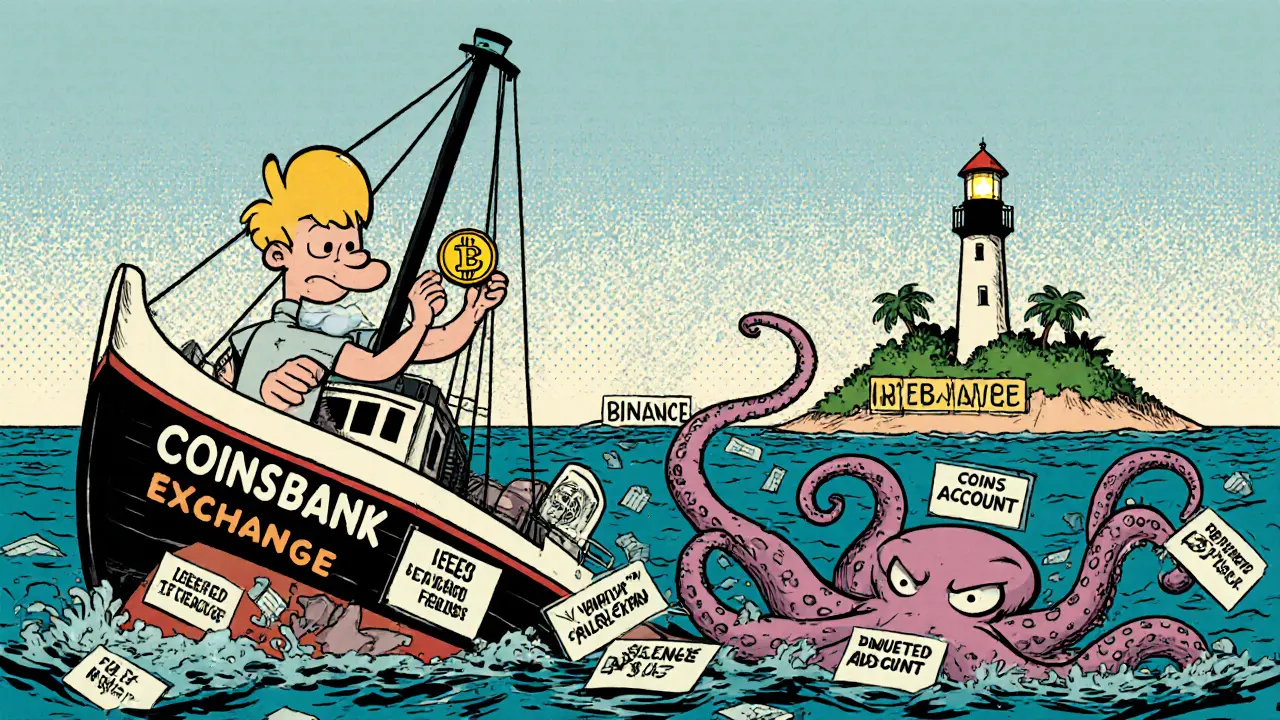 User on a sinking ship labeled &#039;CoinsBank&#039; as an octopus pulls it down with fees and silence tentacles.