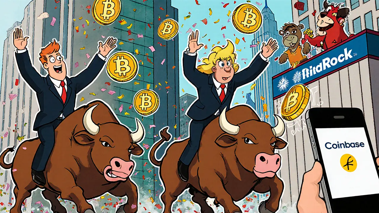 Wall Street executives riding Bitcoin bulls, tossing ETF shares into retirement accounts in a cartoon financial district.