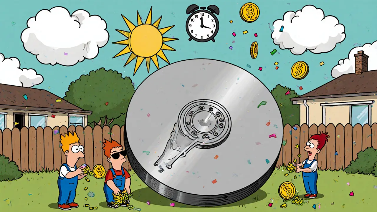 A friendly giant hard drive in a backyard rains SMH tokens while people plant data seeds.