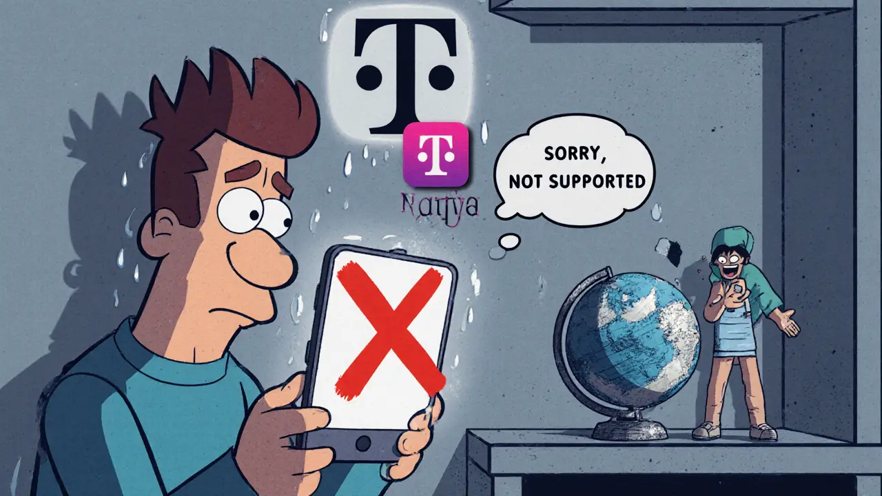 A frustrated U.S. user sees DENT app blocked by T-Mobile, while a happy traveler uses it abroad.