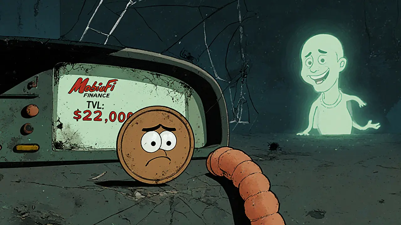 A lonely MOT token rolling past a dead DeFi dashboard covered in cobwebs.