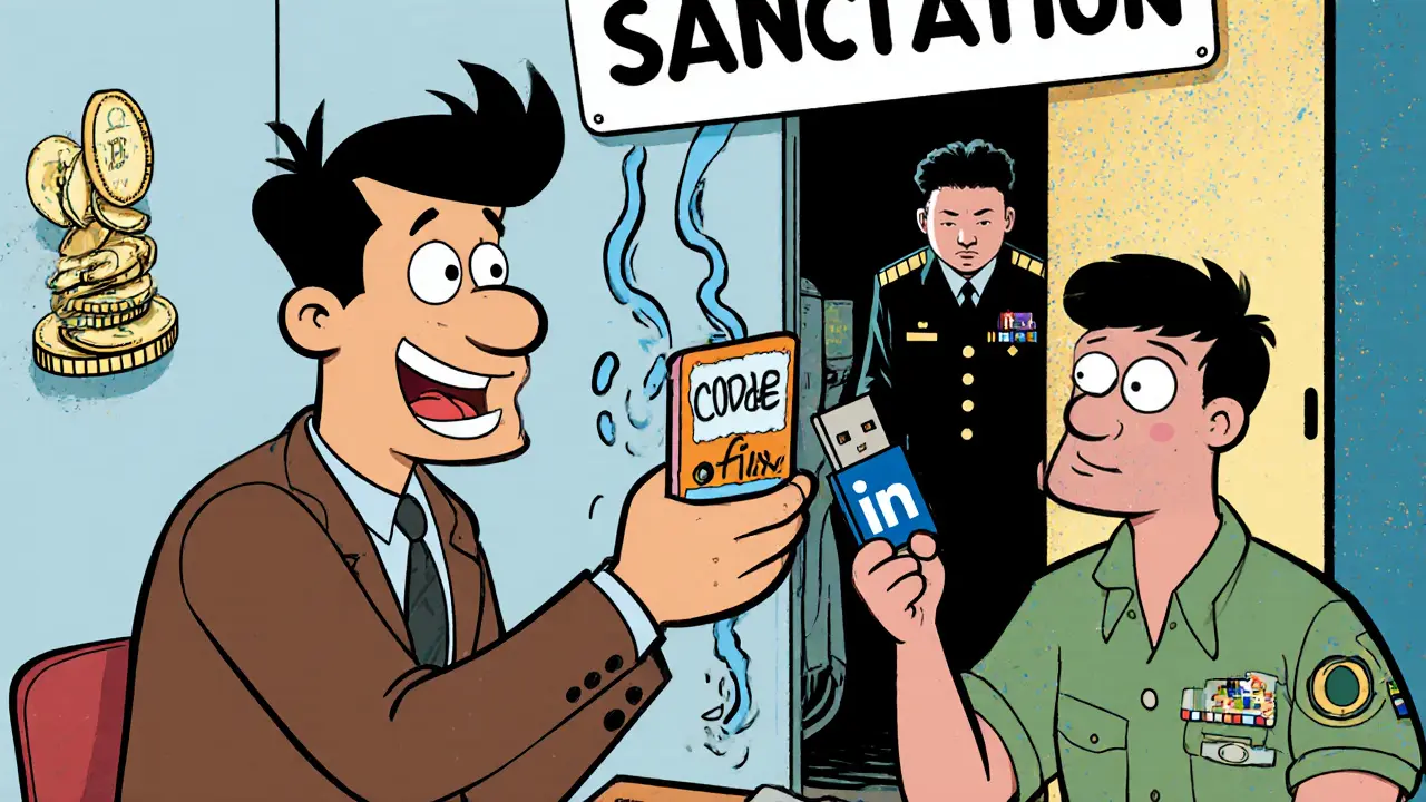 A tech worker unknowingly handing a USB to a boss while a North Korean spy drains crypto from behind.