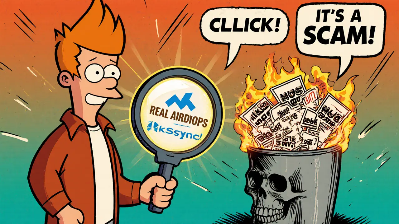 A user holding a magnifying glass to find real airdrops while fake MOT flyers burn.