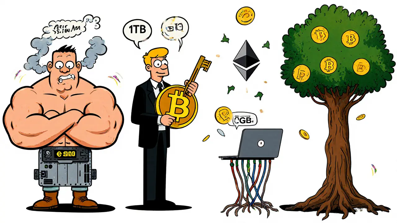 Four cartoon characters compare crypto mining methods, with a small laptop winning the contest.