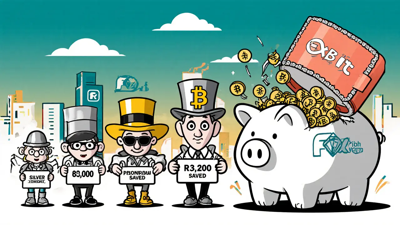 Four cartoon loyalty tiers with shrinking fees and a piggy bank bursting with saved money