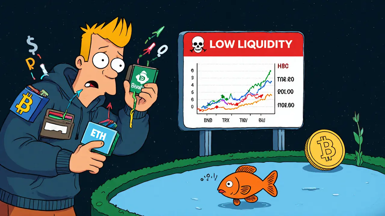 Nervous trader surrounded by gas fee arrows and a tiny trading pool with a lone fish, warning sign reading &#039;LOW LIQUIDITY&#039;.