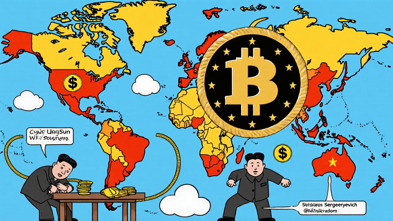 OFAC badge crushing a global map of crypto laundering routes with hidden North Korean agents scrambling below.