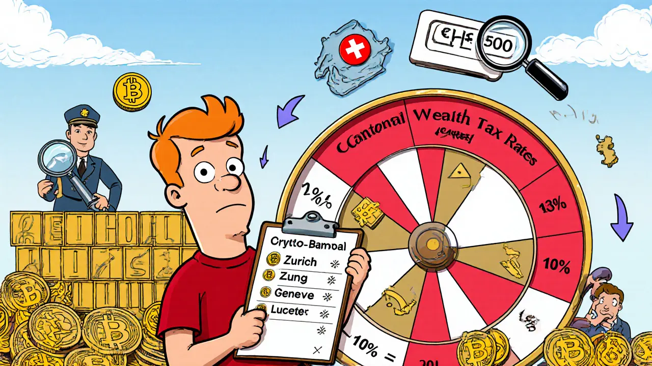Person standing before a spinning wheel showing Swiss cantonal tax rates