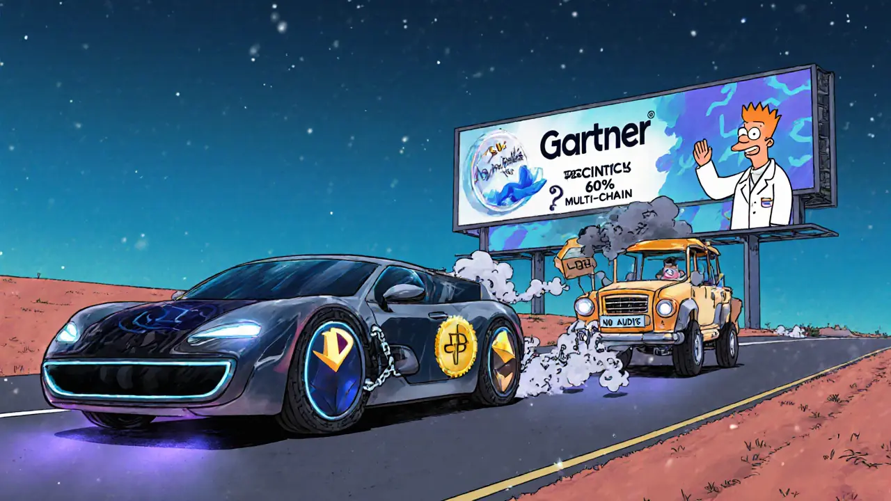 Rusty DeFi car labeled &#039;HDEX&#039; racing behind sleek competitors, with &#039;No Audits&#039; sign and question mark smoke.