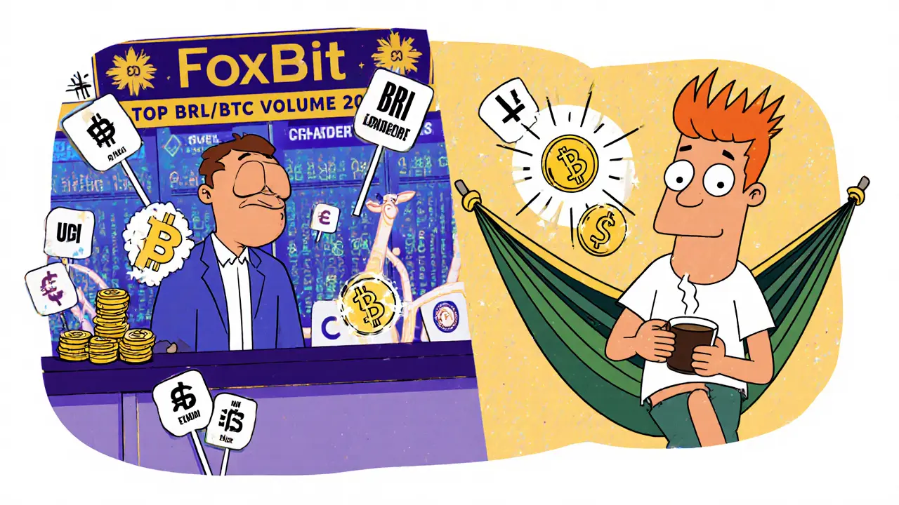 Side-by-side comparison: frustrated trader at high-fee exchange vs. calm Foxbit user with zero fees