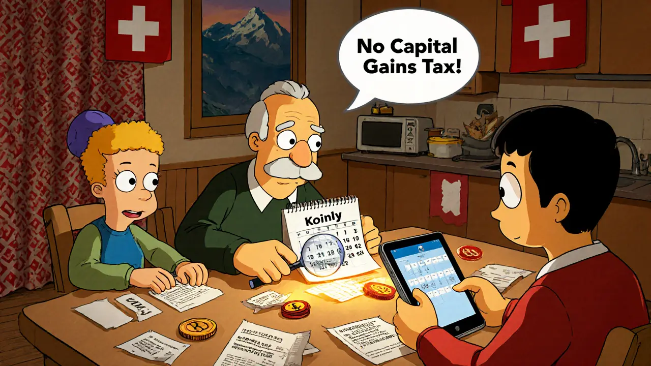 Swiss family reviewing crypto receipts at kitchen table with NFTs floating