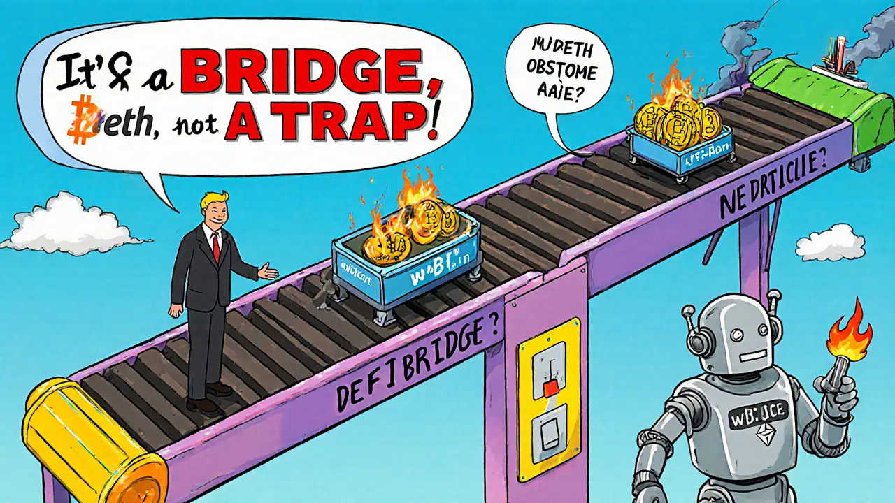 A conveyor belt with wrapped tokens moving past DeFi stations, including a big deposit and burning scene.