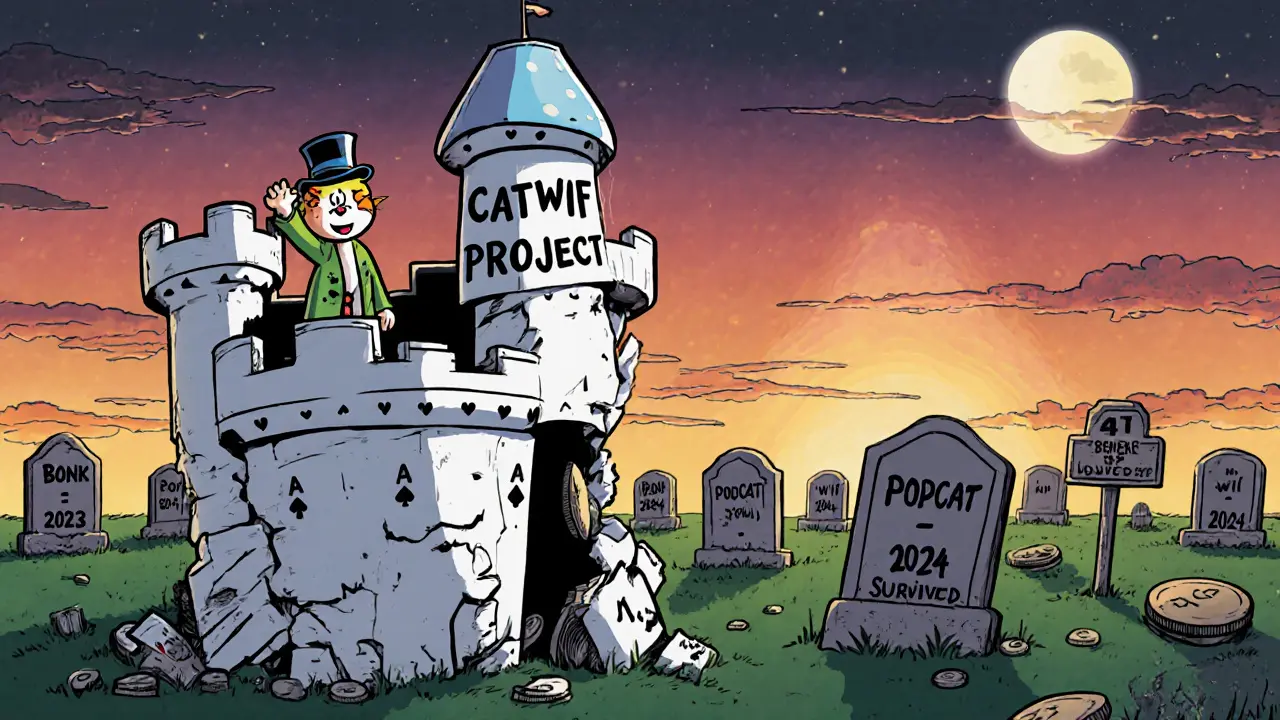 A crumbling castle made of playing cards labeled CATWIF, with a cat waving goodbye as meme coin graves stretch behind.