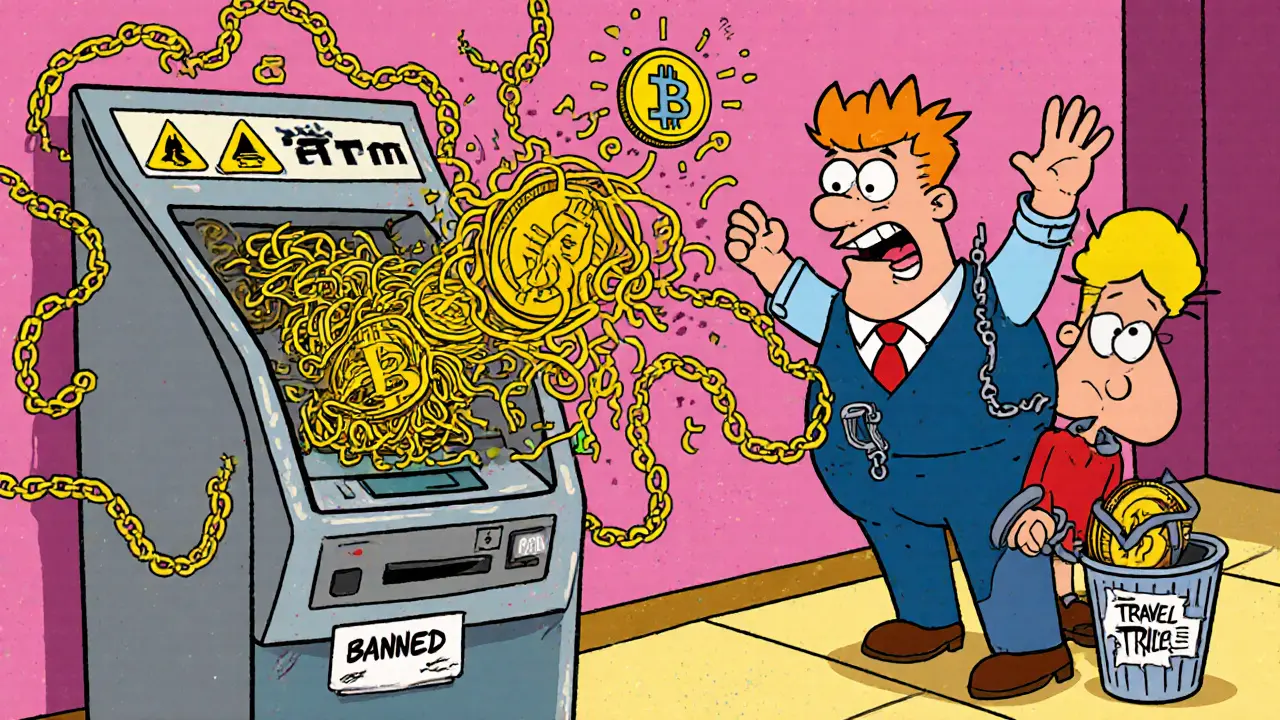 A crypto ATM turns Bitcoin into handcuffs as a compliance officer scrambles to meet Travel Rule demands.