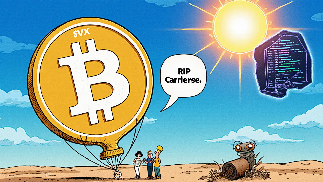 A deflated CVTX balloon floats over a digital wasteland as investors stare at their zero-value phones.