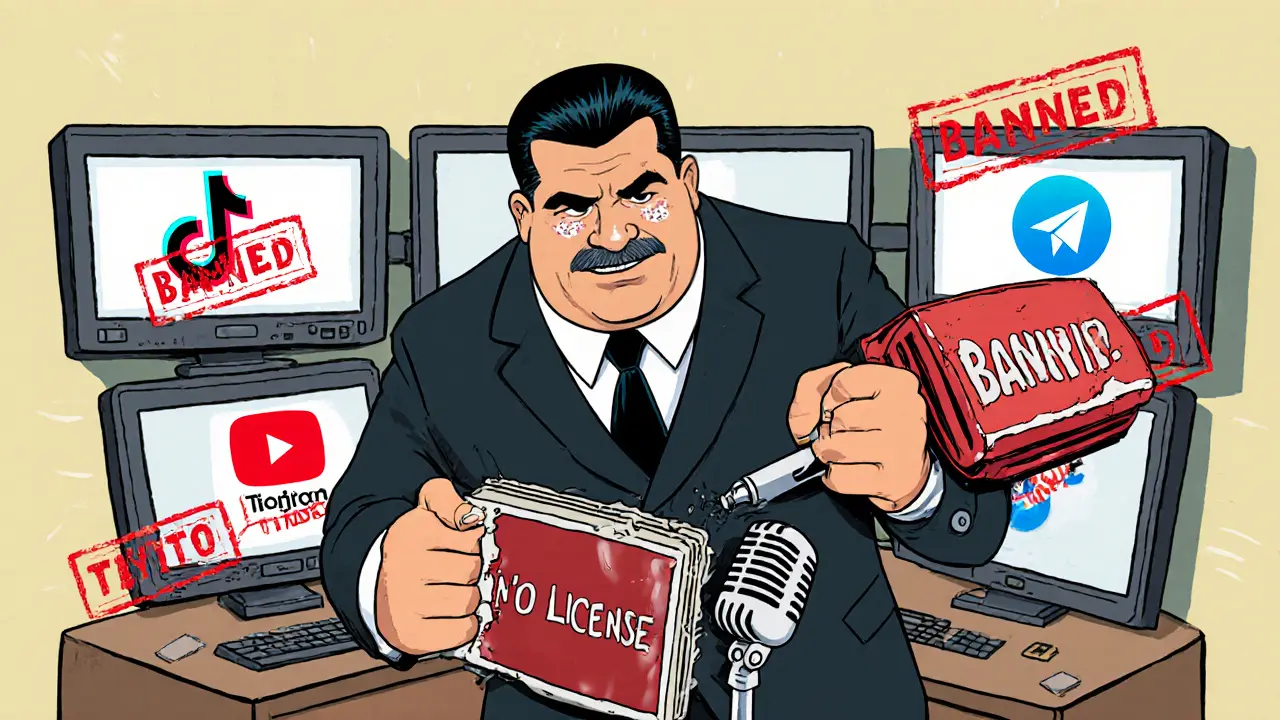 A giant bank stamp crushes a crypto YouTube studio in retro cartoon style.
