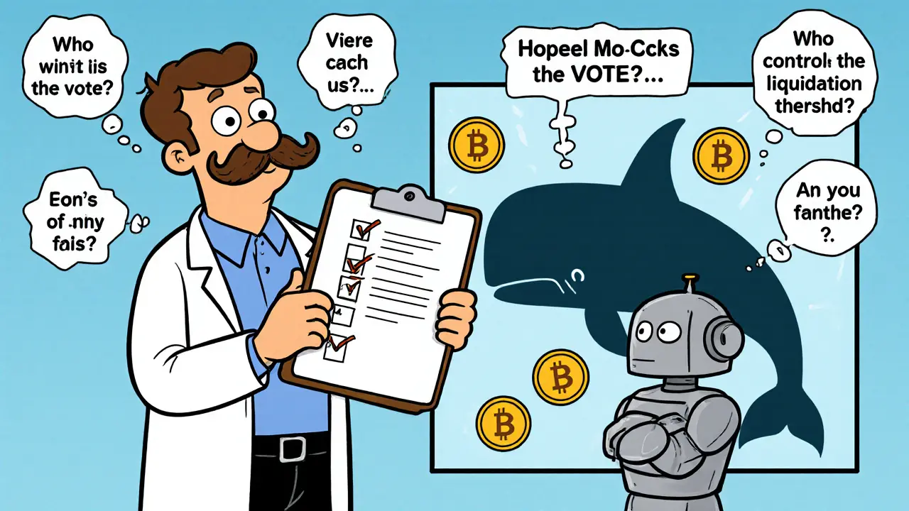 A human auditor and robot examine a smart contract with floating tokens and a whale-shaped shadow.
