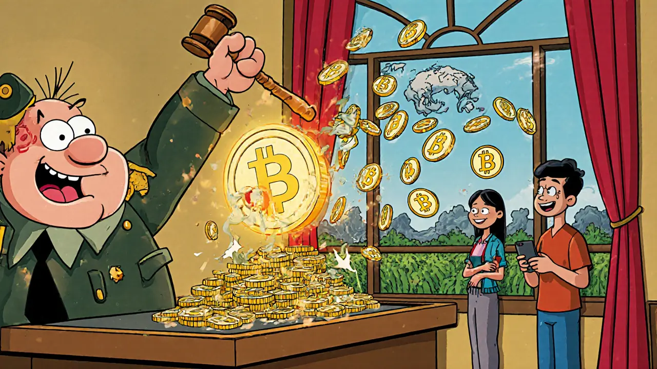 A military officer failing to smash a multiplying USDT coin while ordinary people quietly use crypto around them.