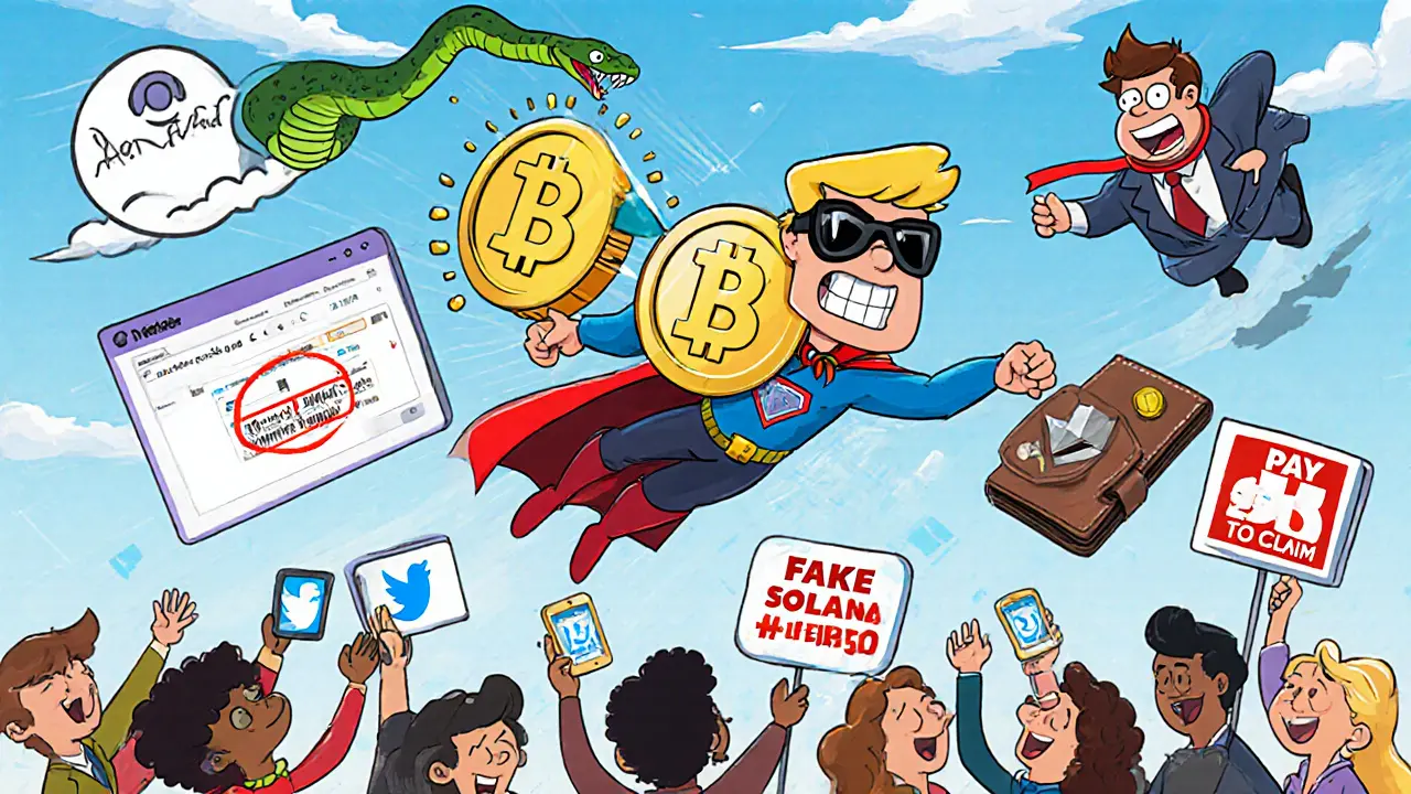 A superhero HERO token dodges scams while flying past official apps and a cheering crowd.