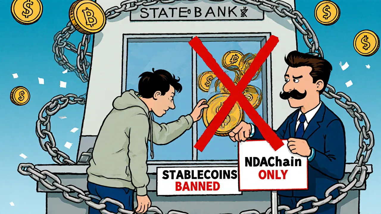 A trader tries to swap USDT but is blocked by a State Bank officer with a giant &#039;X&#039; over stablecoins.