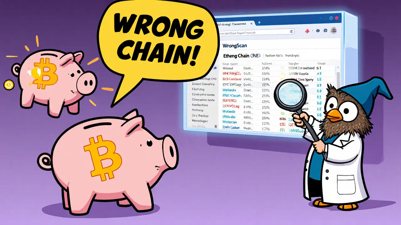 A WBTC token bouncing off a Bitcoin piggy bank with a &#039;WRONG CHAIN!&#039; warning sign.