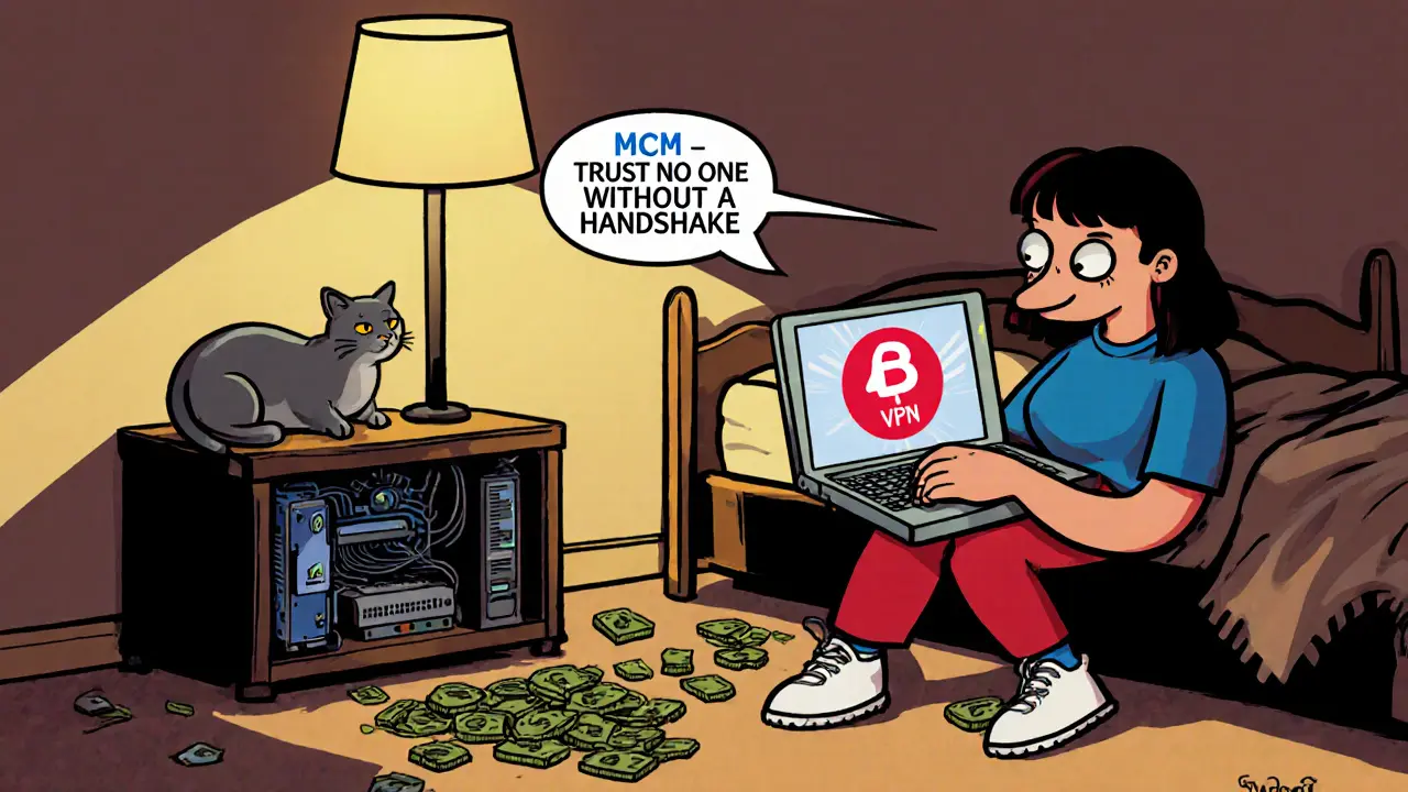 A woman using a laptop with a VPN, hidden mining rig under her bed, and a Telegram chat showing crypto safety tips.