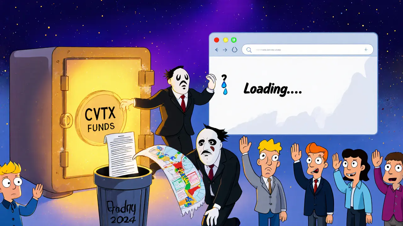 Anonymous cartoon developers sneaking away with a vault of CVTX funds while tossing a roadmap into the trash.