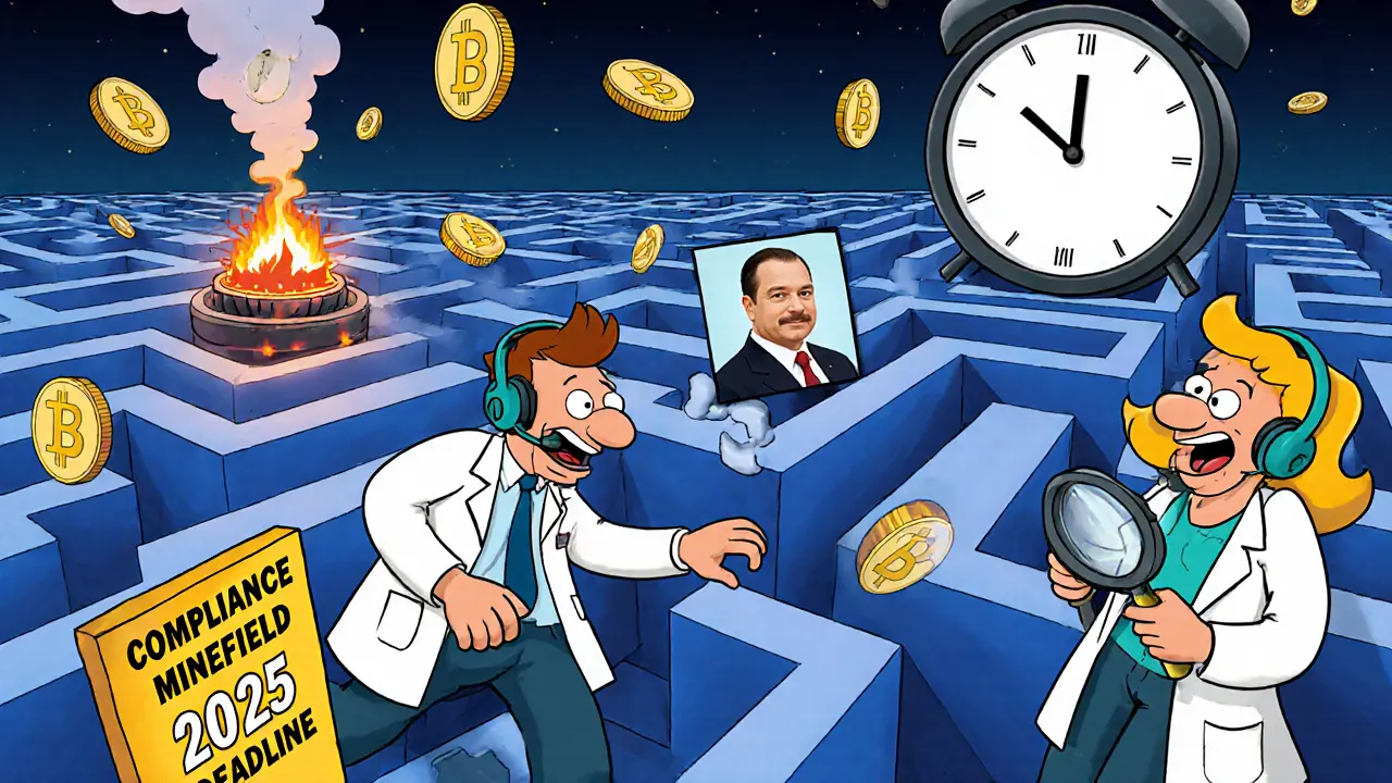 Crypto staff chase tokens through a compliance maze, stumbling over sanctions signs and racing a ticking clock.