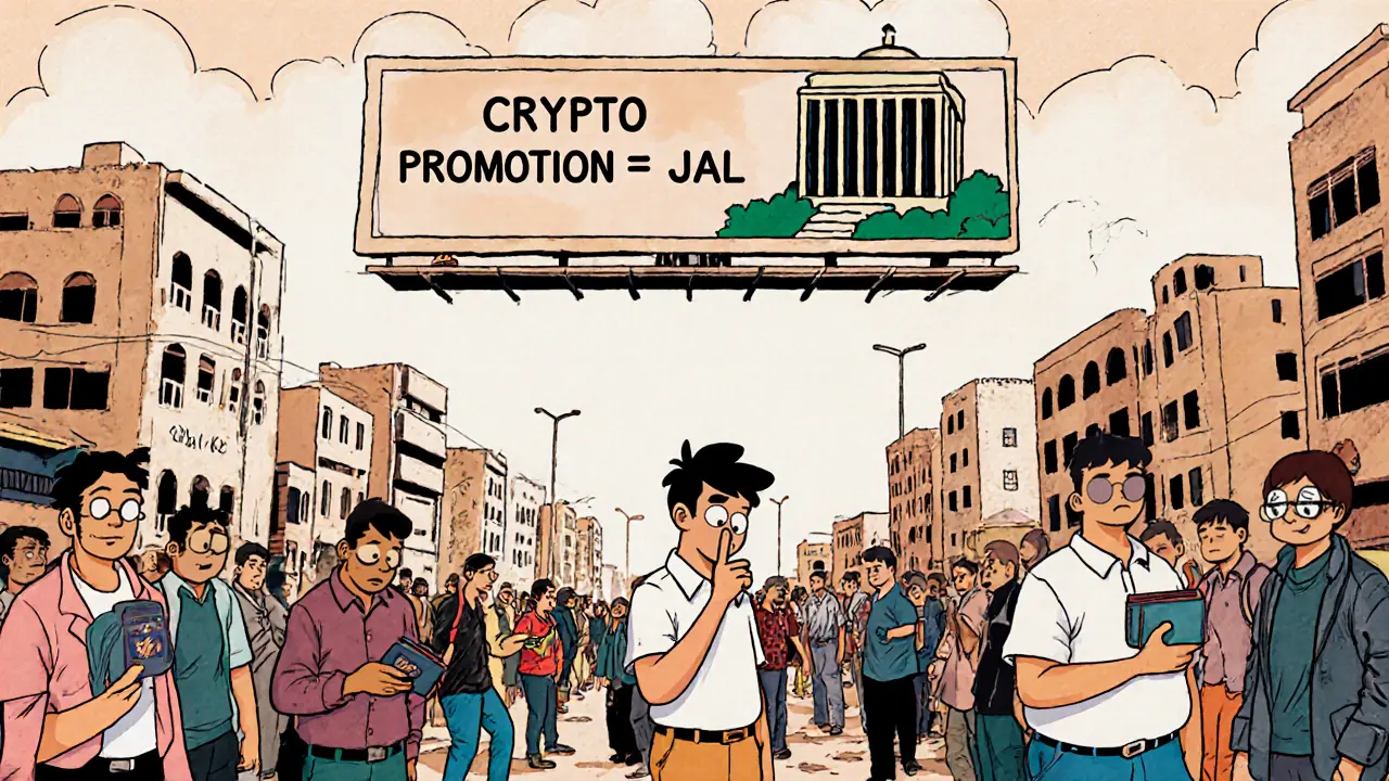 People hide crypto wallets while a giant &#039;JAIL&#039; billboard looms over Cairo.