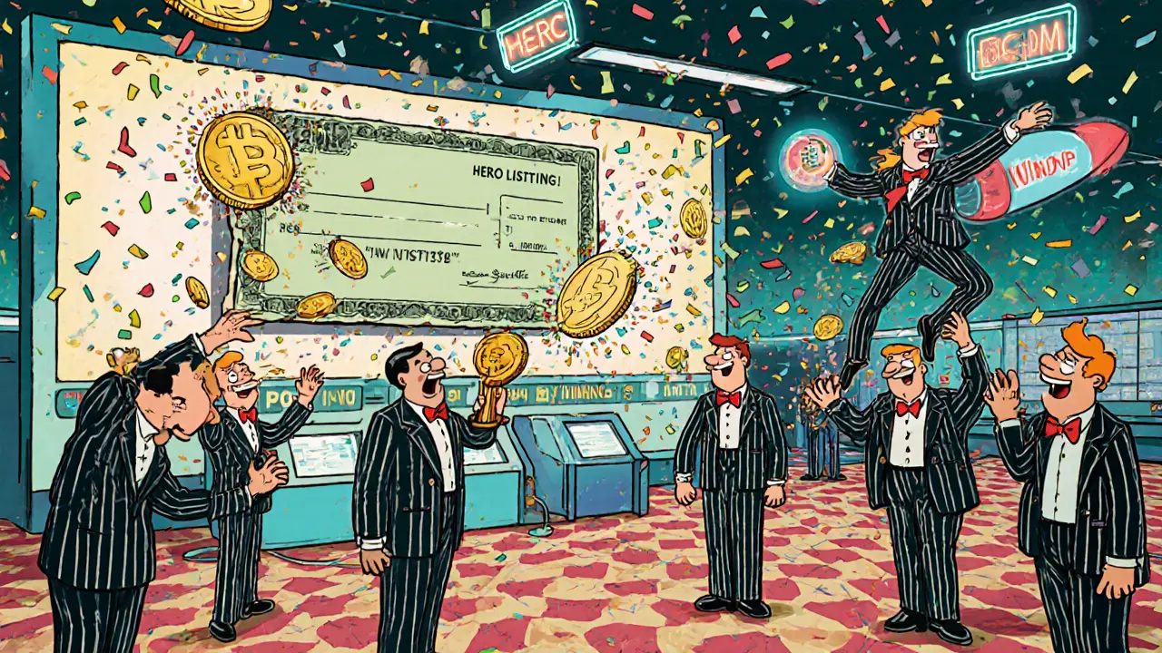 Retro cartoon traders celebrate a giant MEXC airdrop with confetti and flying HERO tokens.