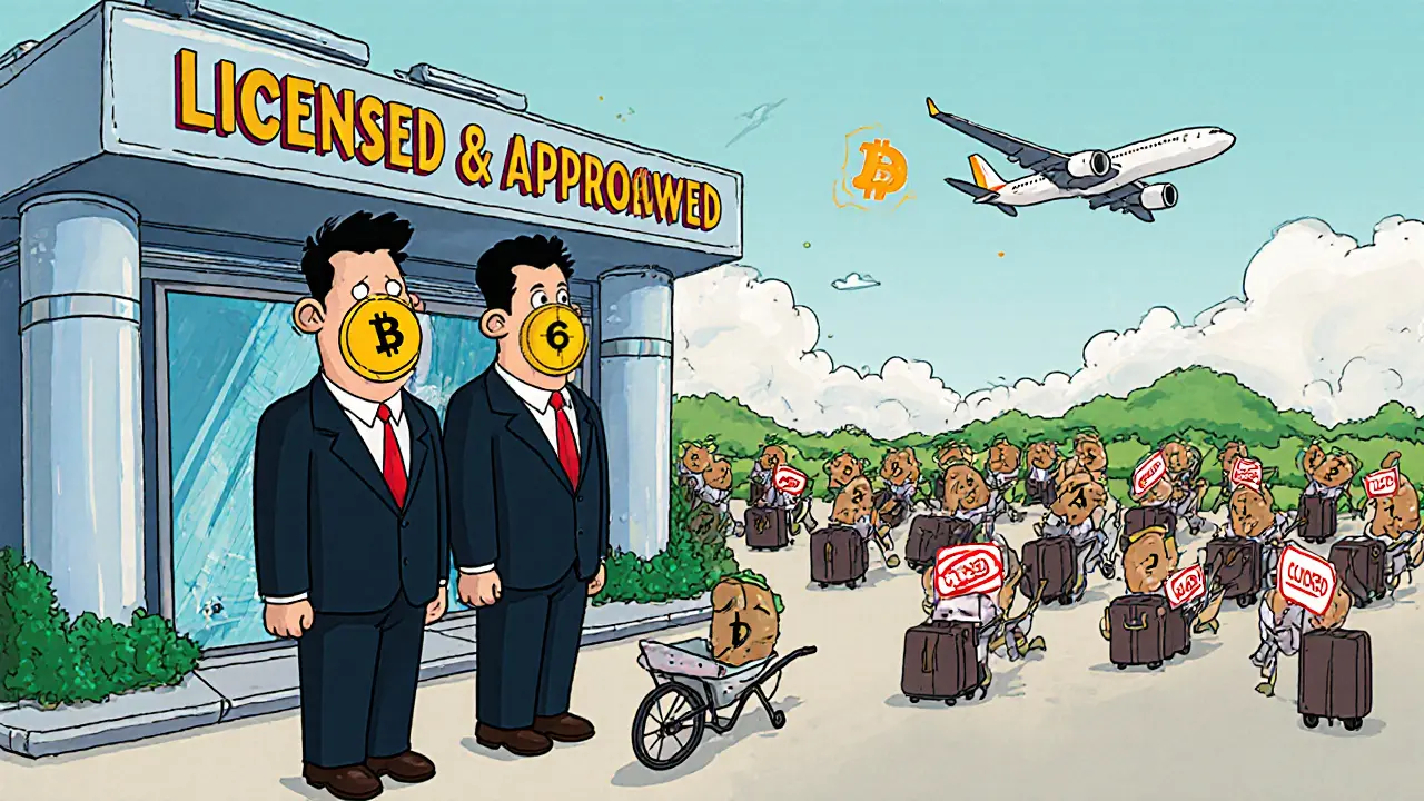 Three wealthy Vietnamese giants stand beside a licensed exchange as small exchanges roll away in wheelbarrows.