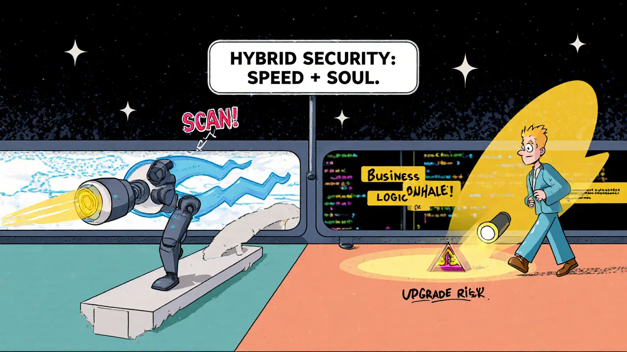 Two lanes show automated scanning and human auditing working together to uncover hidden risks in a DeFi system.