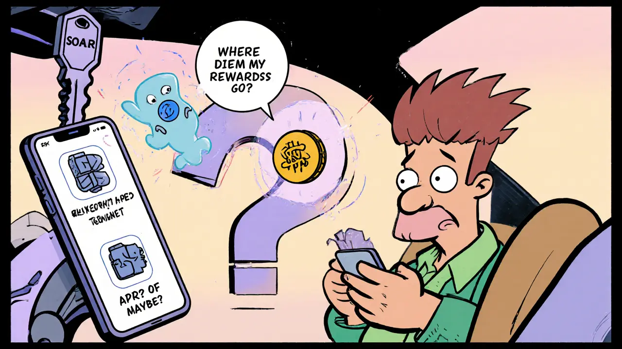 A confused driver stares at a confusing app with floating tokens drifting away in classic Hanna-Barbera style.