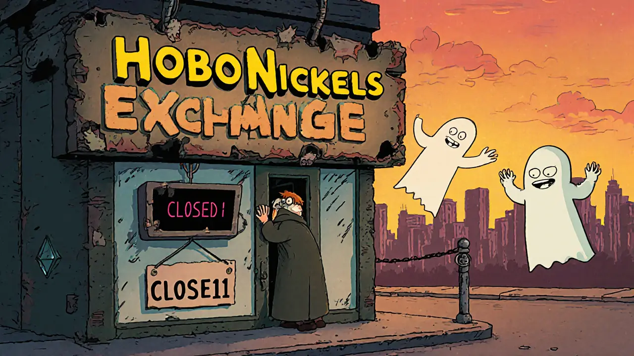 A crumbling &#039;HoboNickels Exchange&#039; sign with a lone trader peering through a keyhole at a low price.
