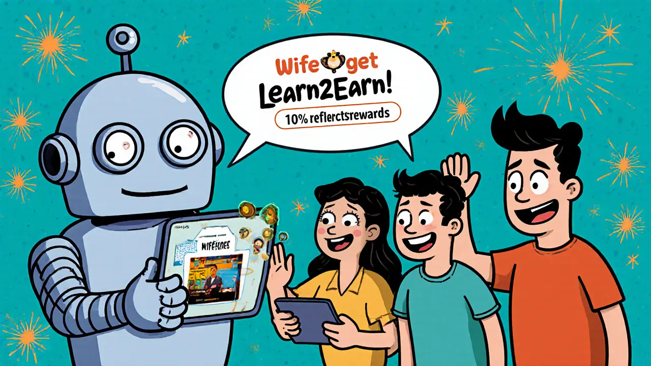 A friendly robot gives free WIFEDOGE tokens to users doing a quiz and inviting friends in cartoon style