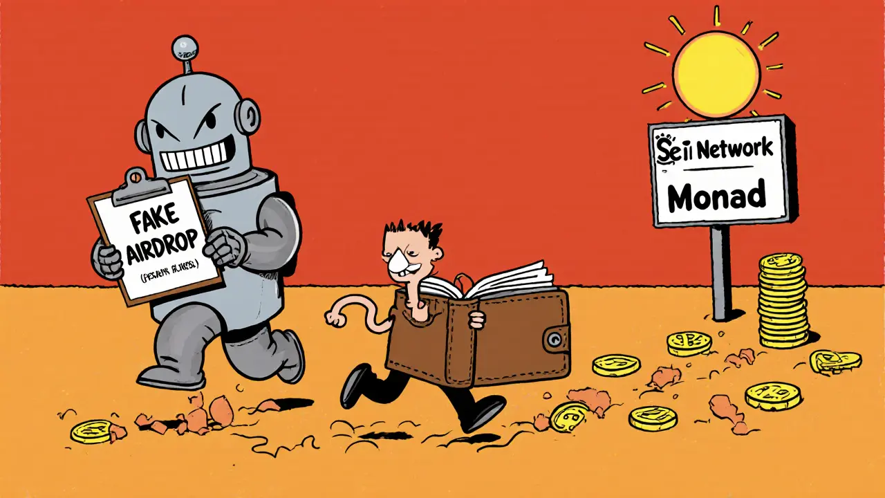 A running wallet escaping a robot demanding token approvals amid fake crypto links.